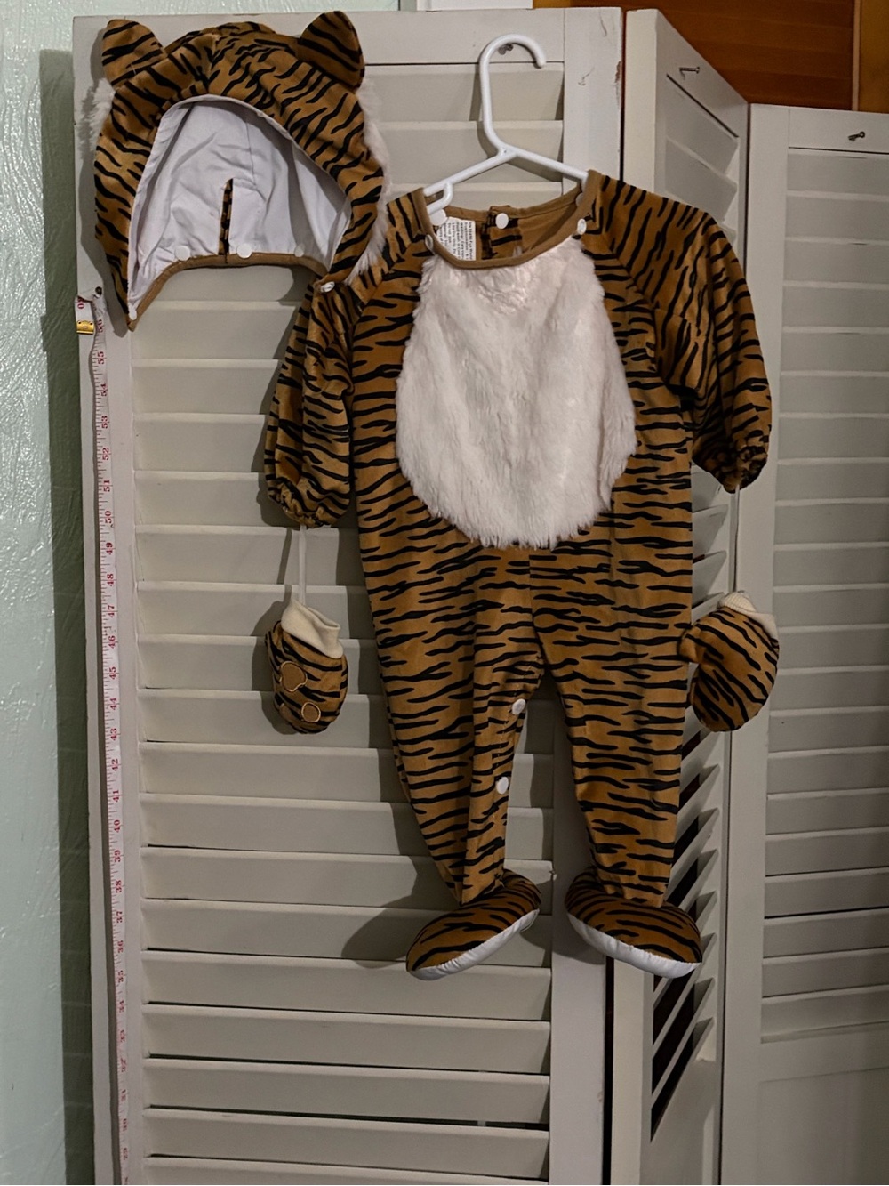 Tiger-Print Baby One-Piece Costume with Hood and Mittens - Brown